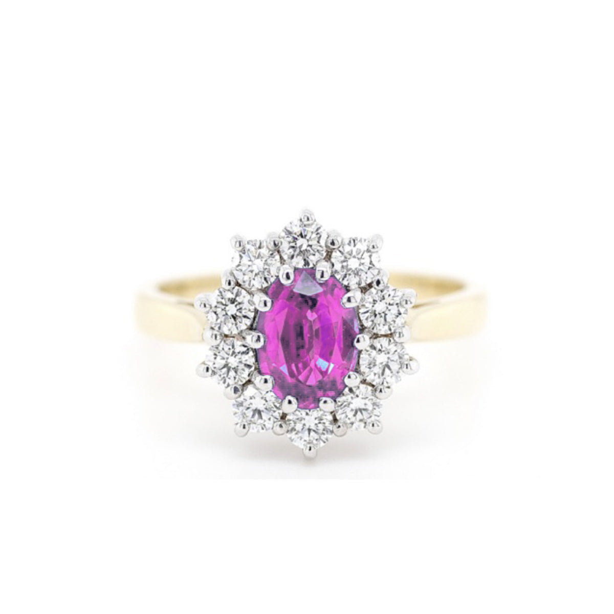18ct Yellow Gold Pink Sapphire and Diamond Cluster Ring - Size N