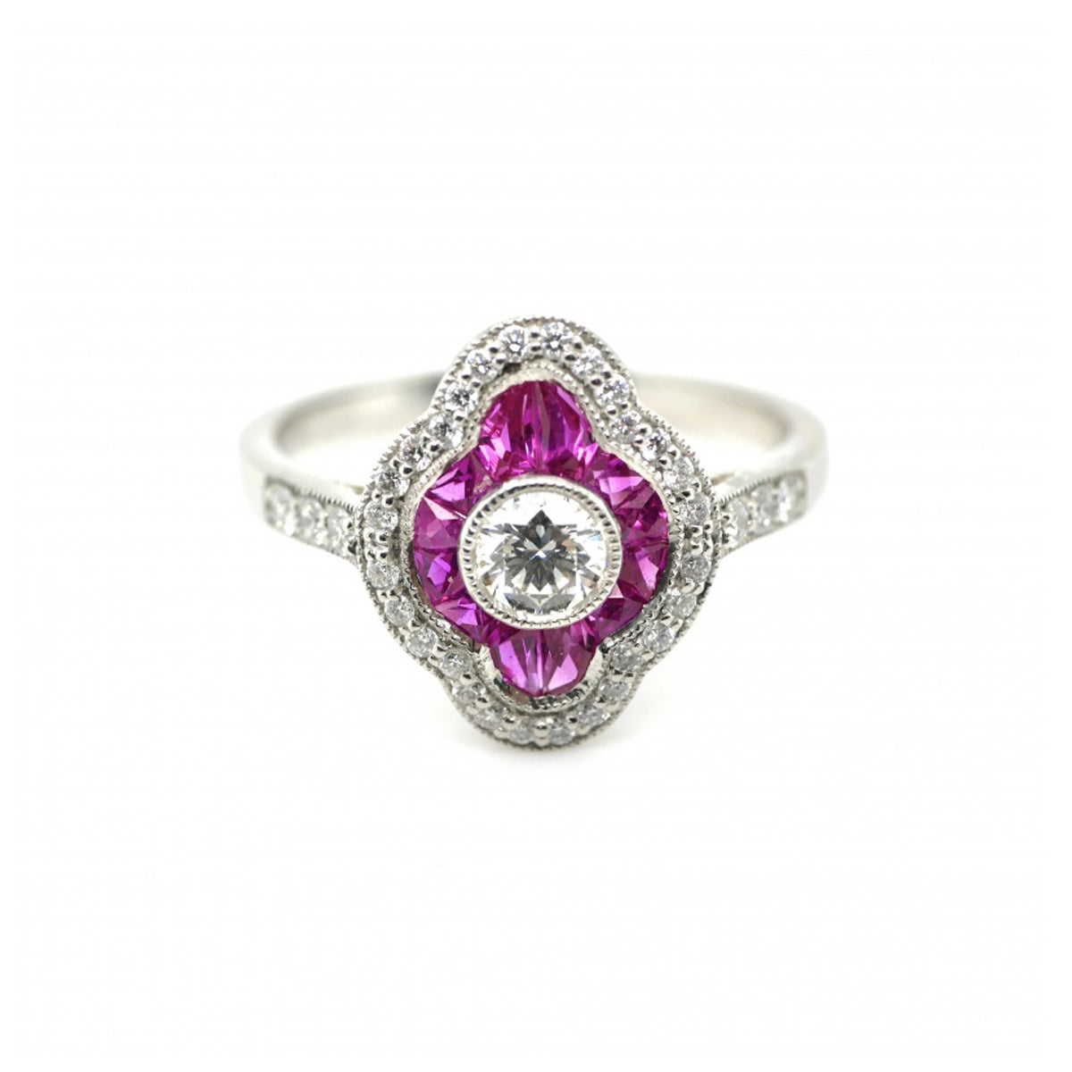 Platinum Diamond & Ruby Art Deco Ring - Size M 1/2
