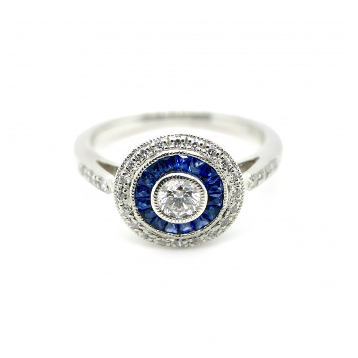 Platinum Diamond & Sapphire Art Deco Ring - Size M