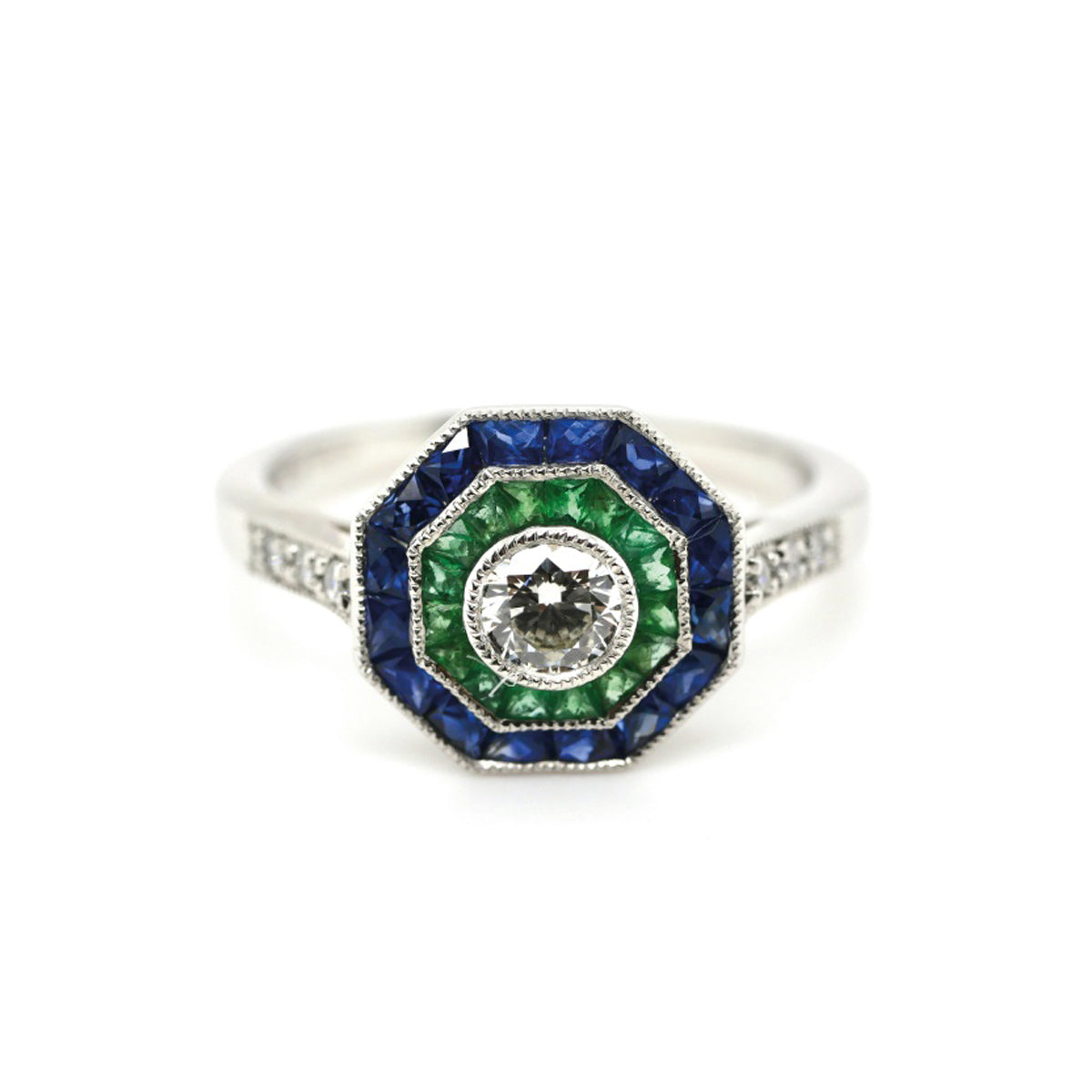 Platinum Sapphire, Emerald and Diamond Deco Ring