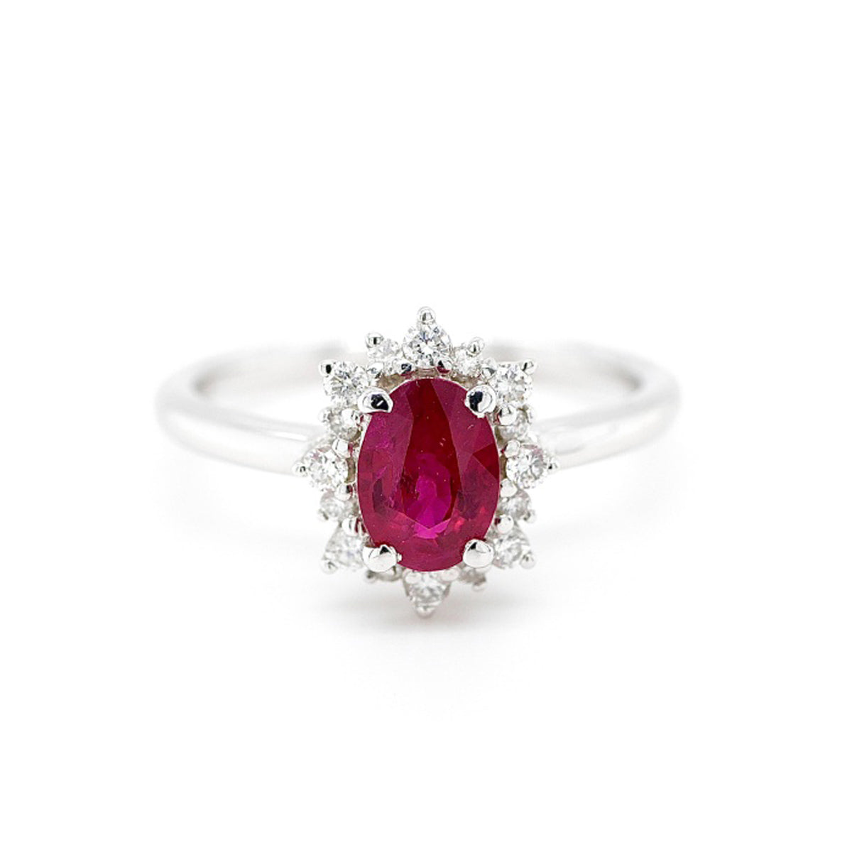 18ct White Gold Ruby and Diamond Cluster Ring - Size M
