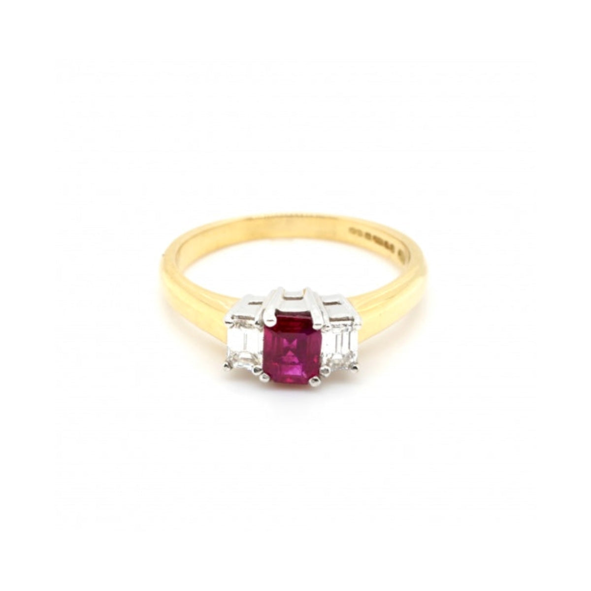 18ct Yellow Gold Emerald Cut Ruby & Diamond 3-Stone Ring - Size O