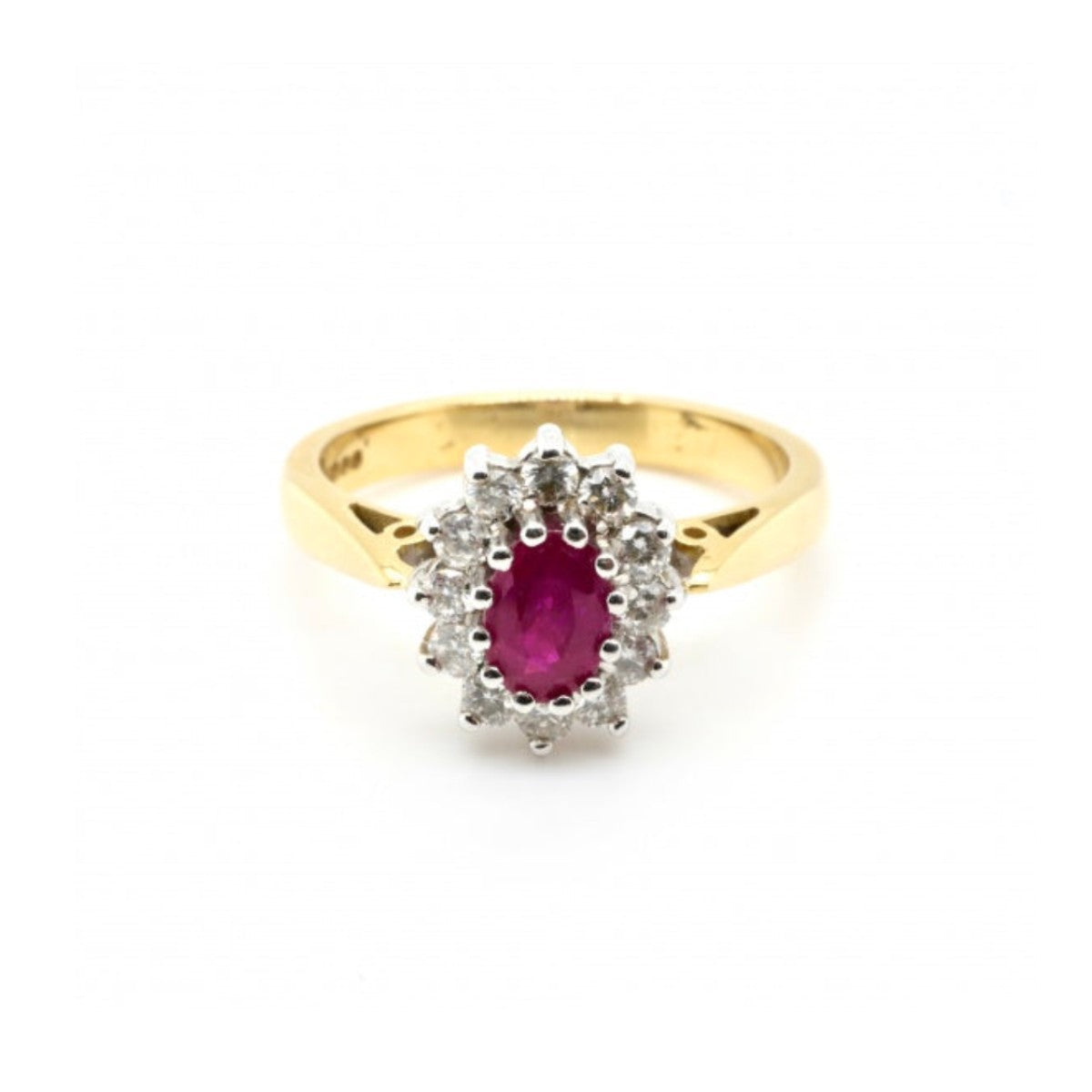 18ct Yellow Gold Oval Ruby & Diamond Cluster Ring - Size M 1/2