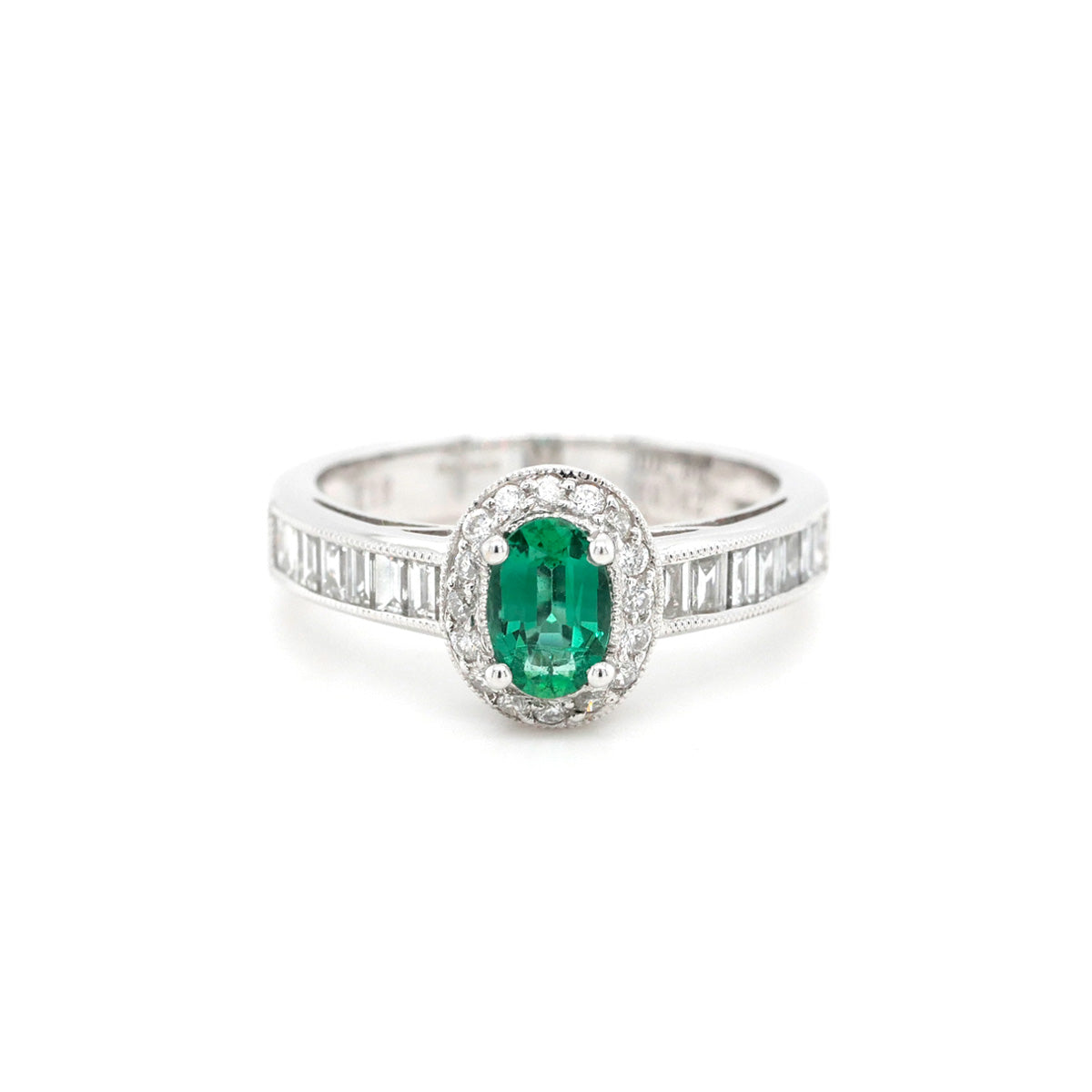18ct White Gold 0.42ct Emerald & 0.56ct Diamond Halo Ring