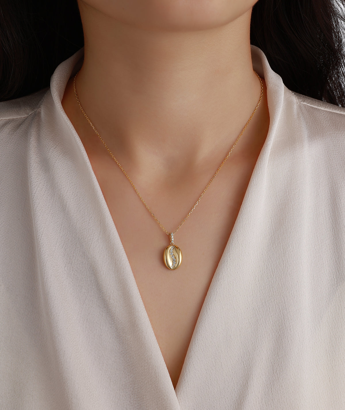 Smiling Rocks 9ct Yellow Gold Lab Grown Diamond Coffee Bean Pendant and Chain