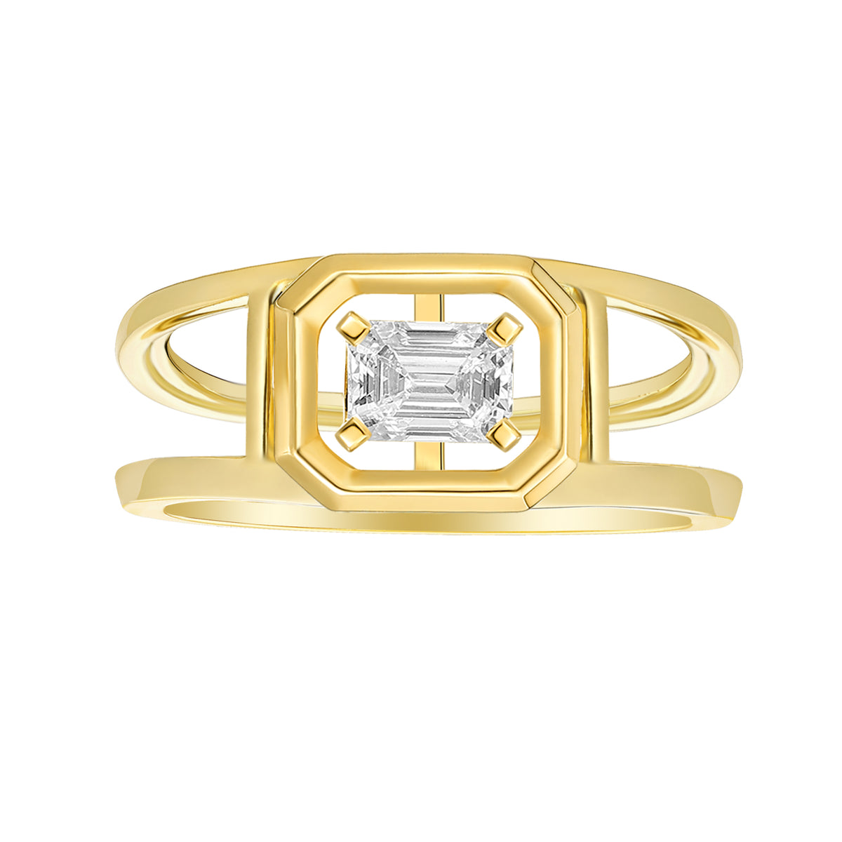 Smiling Rocks 9ct Yellow Gold Double Band Emerald Cut Lab Grown Diamond Ring