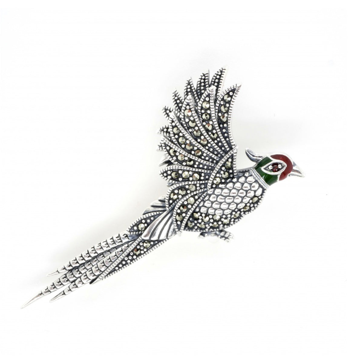 Silver, Marcasite and Enamel Pheasant Brooch