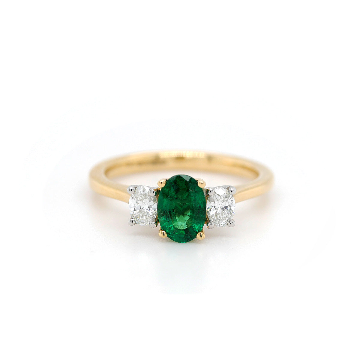18ct Yellow Gold 3 Stone Emerald and Diamond Ring