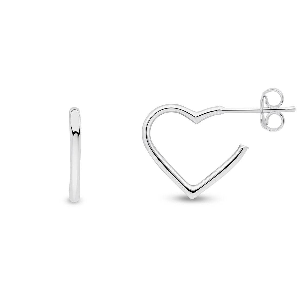 9CT WHITE GOLD ROUND TUBE HEART HOOP EARRINGS. PEG STRAIGHT ON