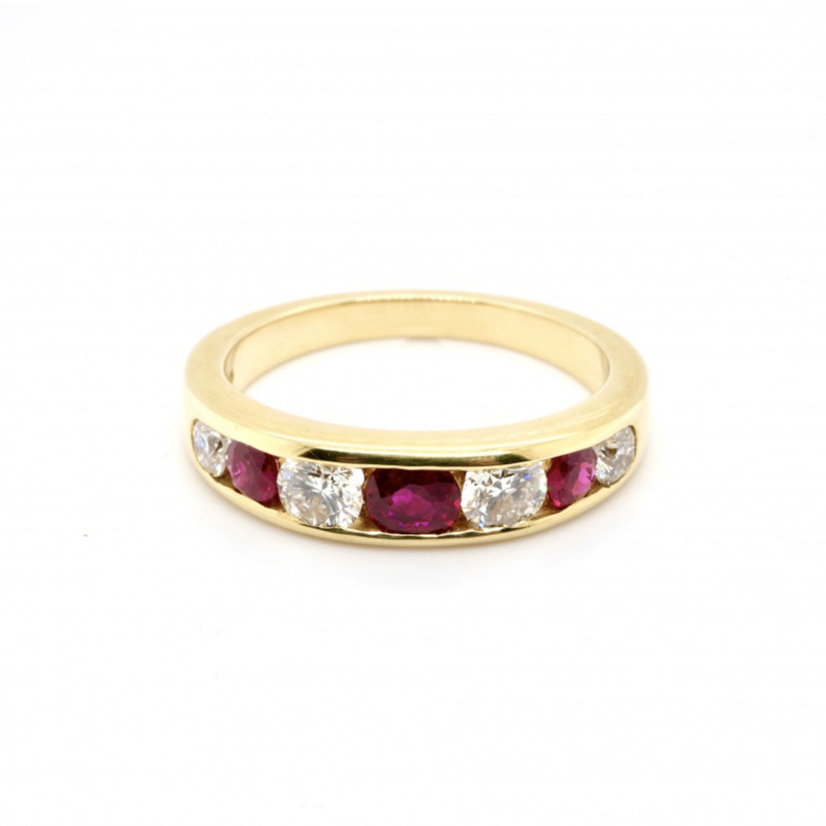18ct Yellow Gold Channel Set Ruby & Diamond Half Eternity Ring - Size L