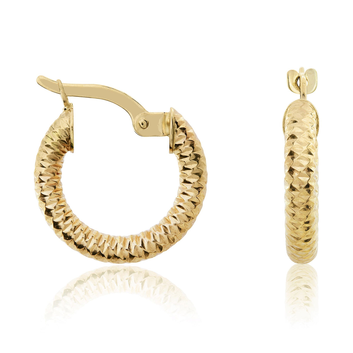 9CT Yellow Gold Diamond Cut Small Hoop Earrings. 15MM Outer Diameter