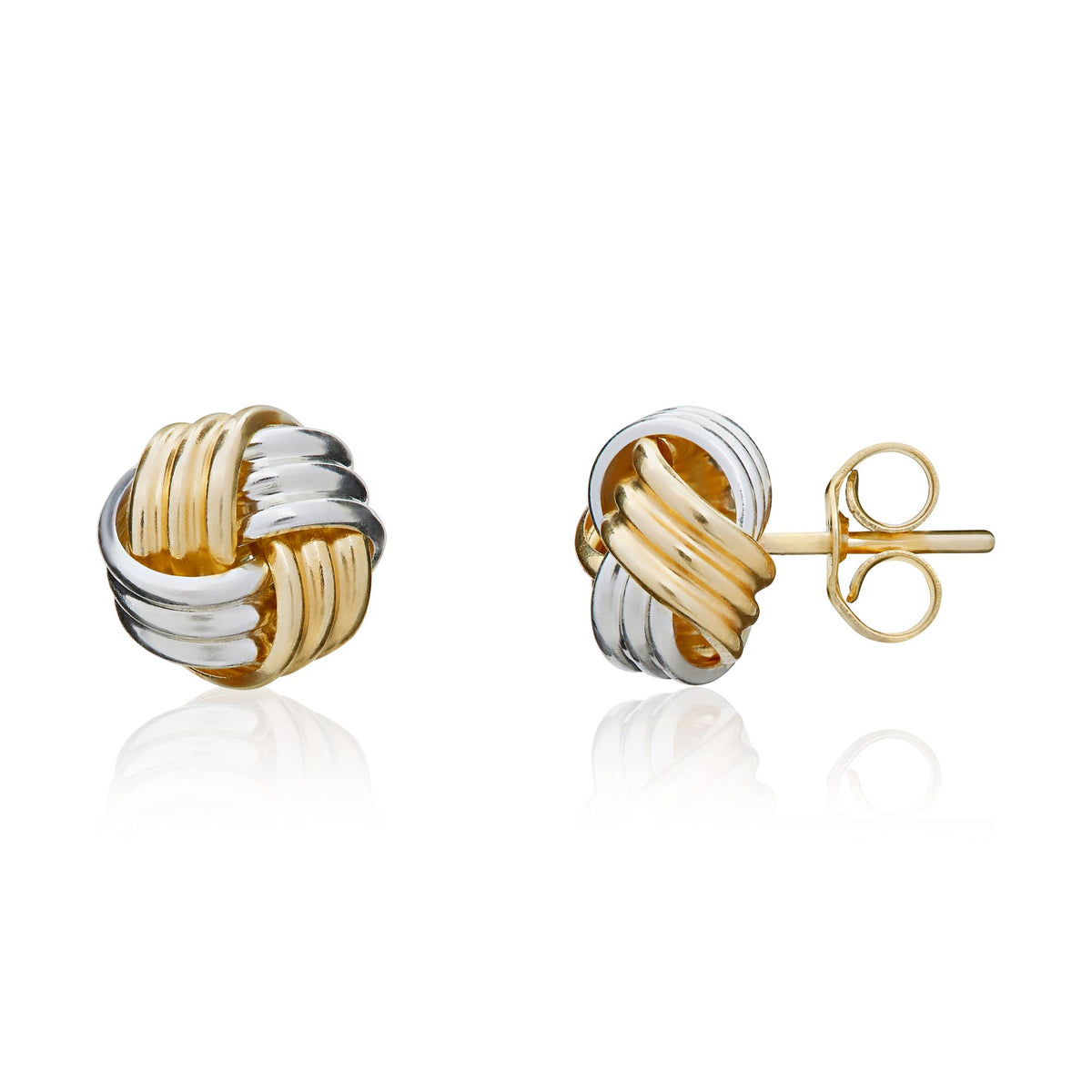 9CT Yellow & White Gold 8MM 4 Section Ribbed Knot Stud Earrings