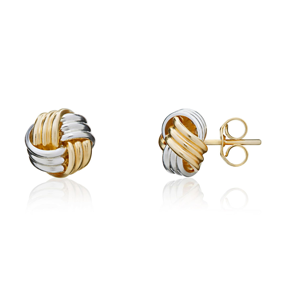 9CT Yellow And White Gold 7MM Ribbed Knot Stud Earrings