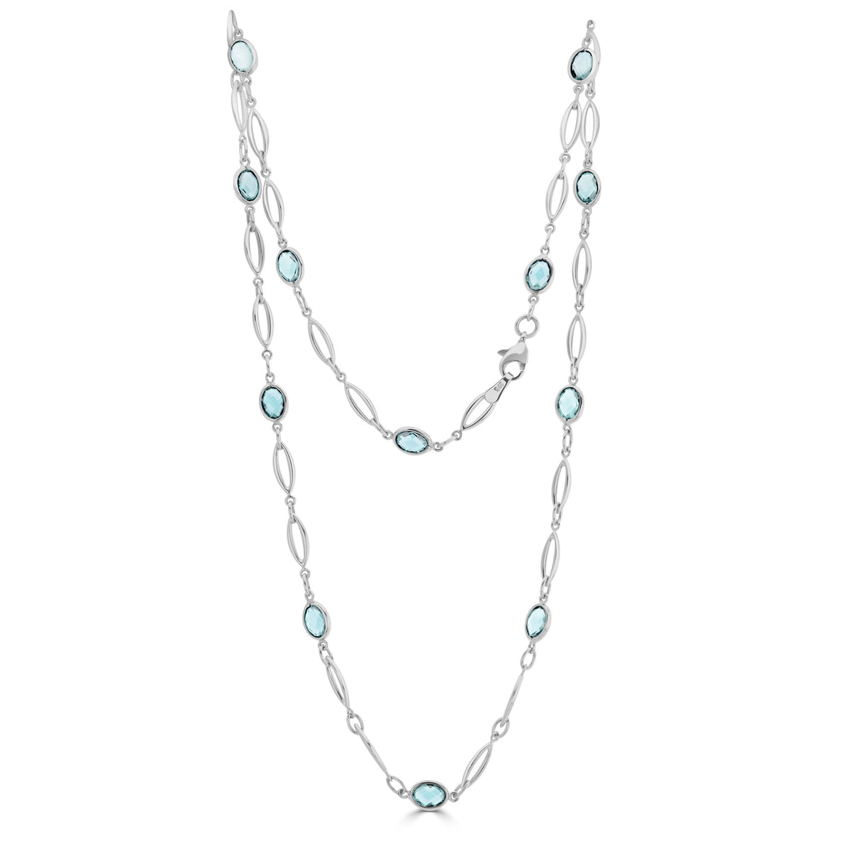 9CT White Gold Spec Set Oval Blue Topaz & Gold Open Marquise Motifs Necklace