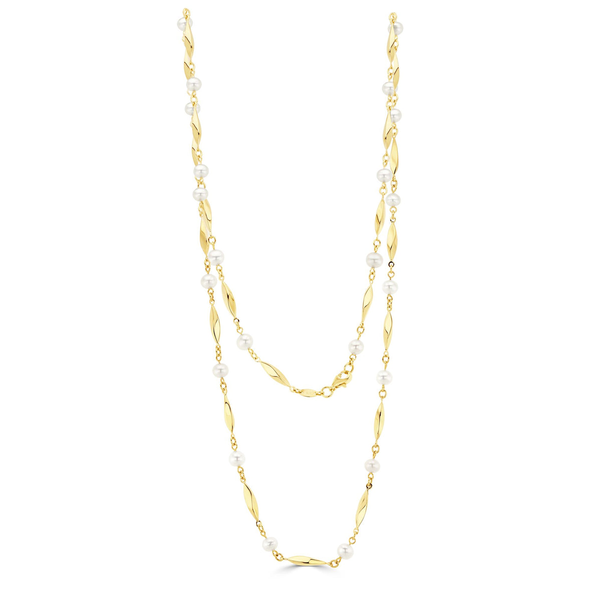 9CT Yellow Gold Polished Twist Bar And Cultured Freshwater Pearl Necklace. 24"