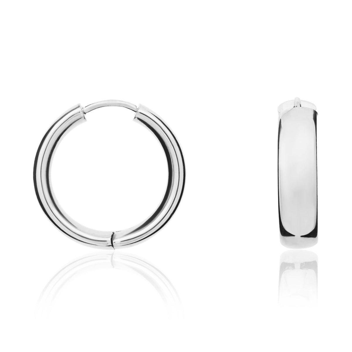 9CT White Gold Polished Rounded Flat 5MM Wide Huggy Earrings. 20MM Outer Diameter
