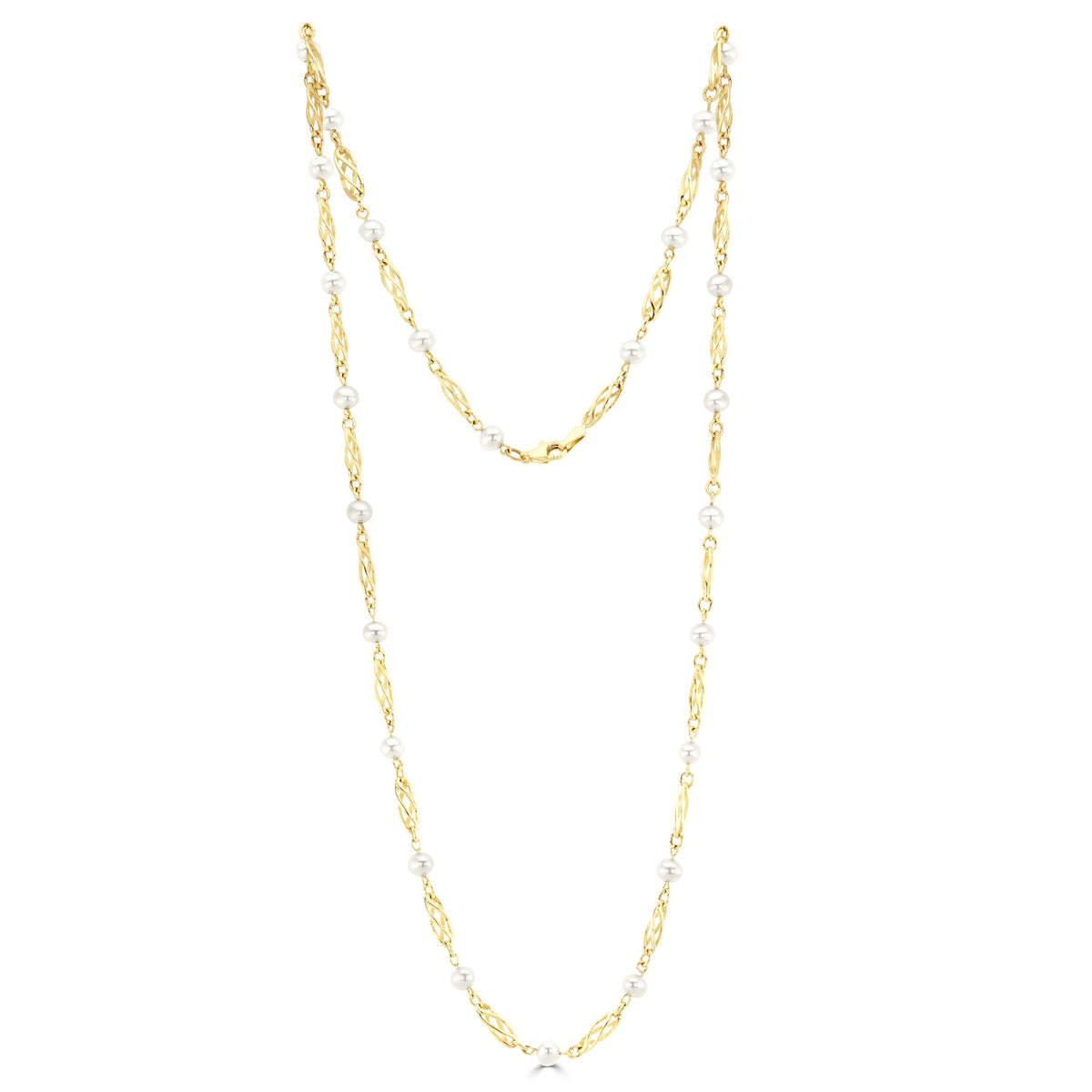 9CT Yellow Gold Cultured Freshwater Pearl And Open Twist Motif Necklace. 24"
