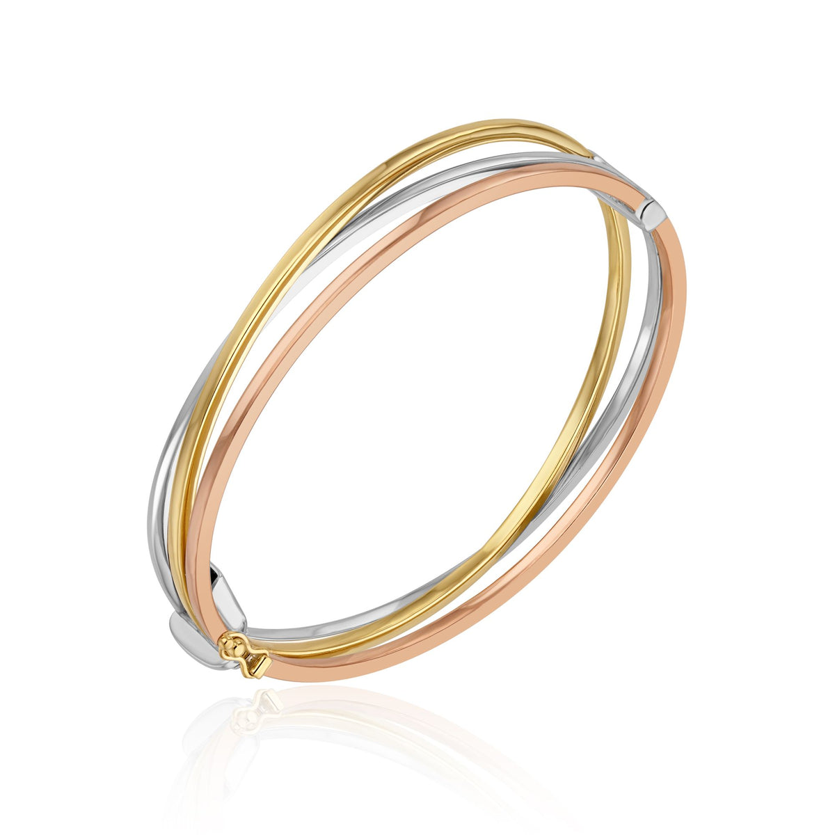 9CT Yellow, White & Rose Gold 3 Row Crossover Hollow Hinged Bangle