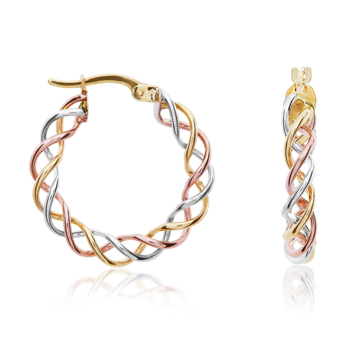9CT 3 COLOUR GOLD OPEN TWIST HOOP EARRINGS