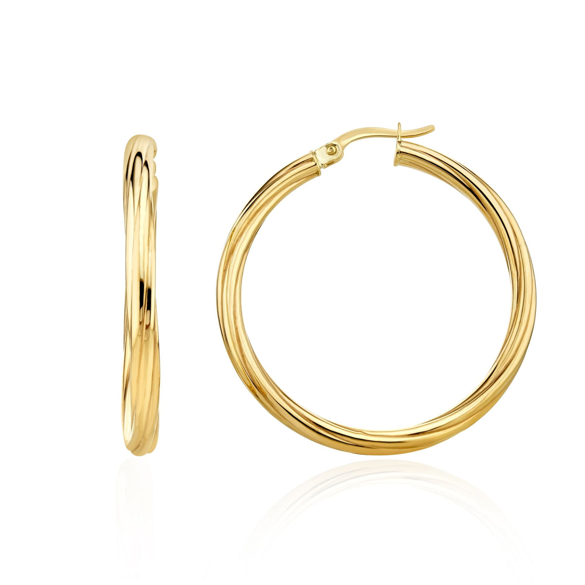 9CT YELLOW GOLD 3MM TWIST HOOP EARRINGS. 36MM OUTER DIAMETER