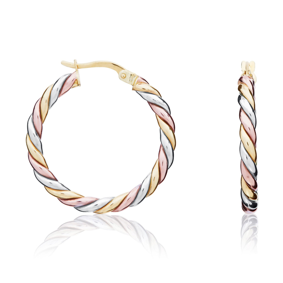 9CT 3 Colour Gold Rope Twist Hoop Earrings. 25MM Outer Diameter