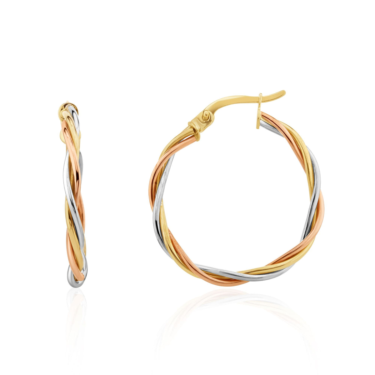 9CT Yellow, White And Rose Gold Thin Wire Russian Hoop Earrings. 25MM Outer Diameter