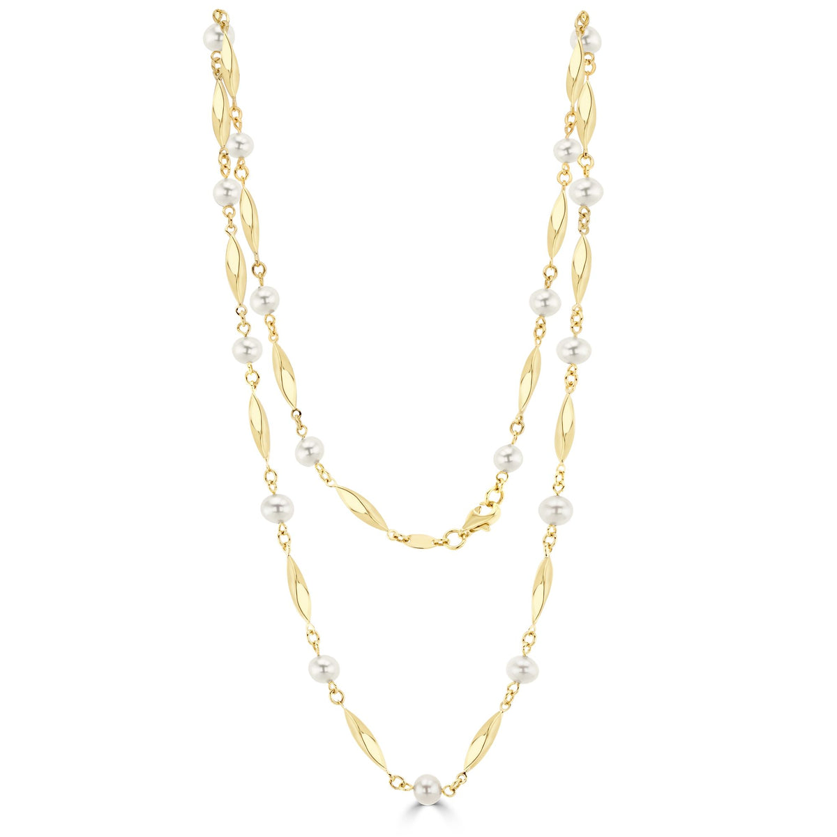 9CT Yellow Gold Polished Twist Bar And Cultured Freshwater Pearl Necklace. 18"