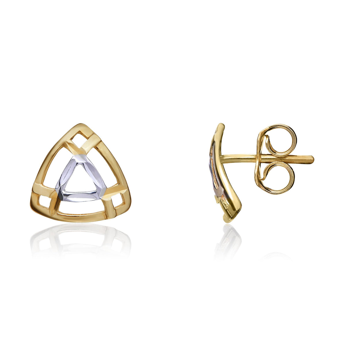 9CT Yellow And White Gold Lattice Design Triangle Stud Earrings