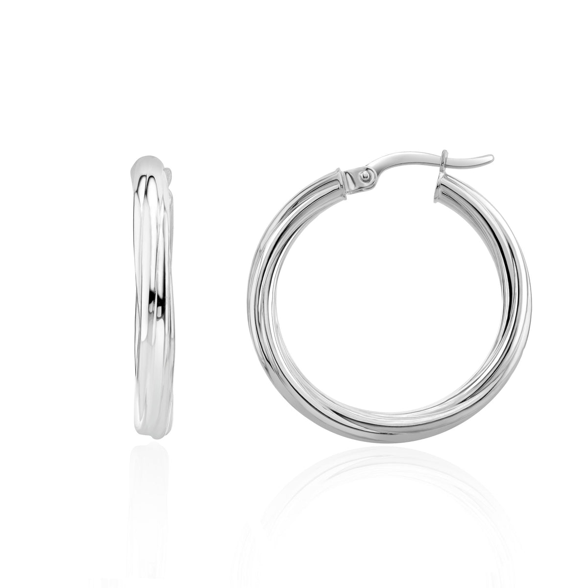 9CT White Gold 3MM Twist Hoop Earrings. 26MM Outer Diameter