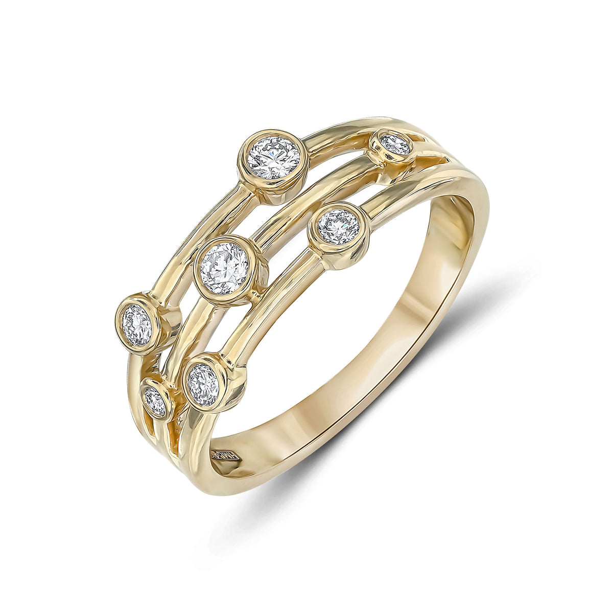 18CT YELLOW GOLD ROUND DIAMOND 3 ROW BUBBLE RING. 0.25CT TOTAL