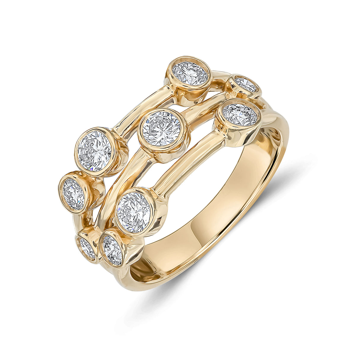 18CT YELLOW GOLD ROUND DIAMOND 3 ROW BUBBLE RING.  1.00CT TOTAL
