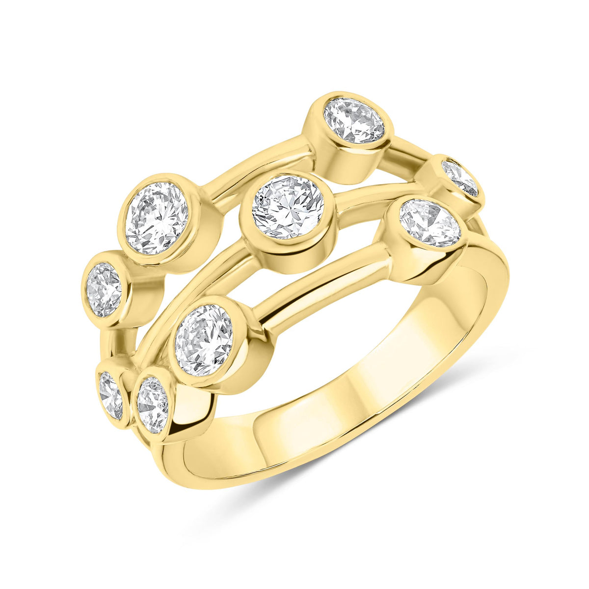 18CT YG DIAMOND 3 ROW BUBBLE RING. 1.50CT TOTAL