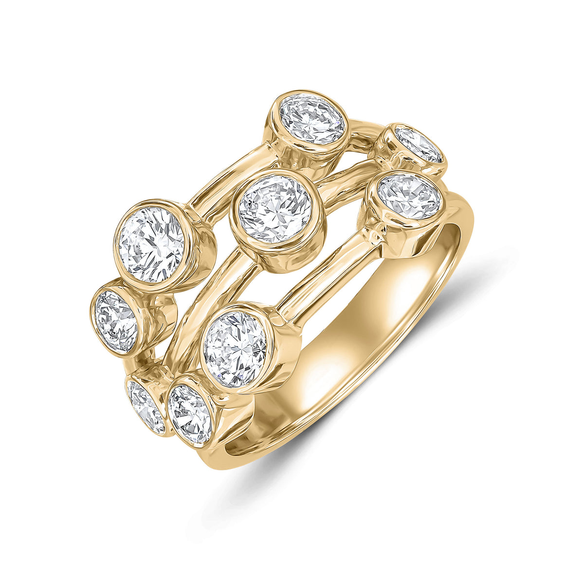 18CT YG DIAMOND 3 ROW BUBBLE RING. 1.75CT TOTAL