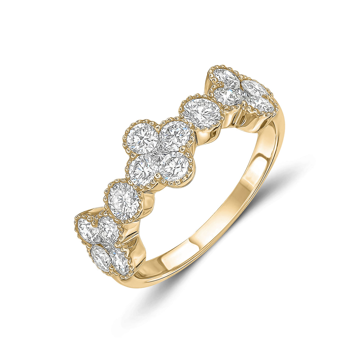 18CT YG ROUND AND PRINCESS CUT DIAMOND QUATREFOIL MILLEGRAIN SET BAND RING