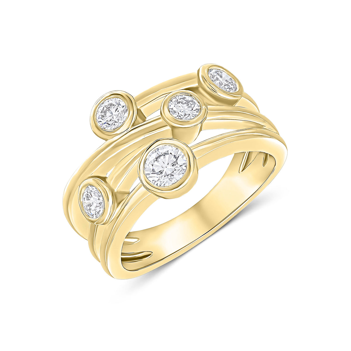 18CT YG ROUND DIAMOND CROSS-OVER BUBBLE BAND RING 0.75CT