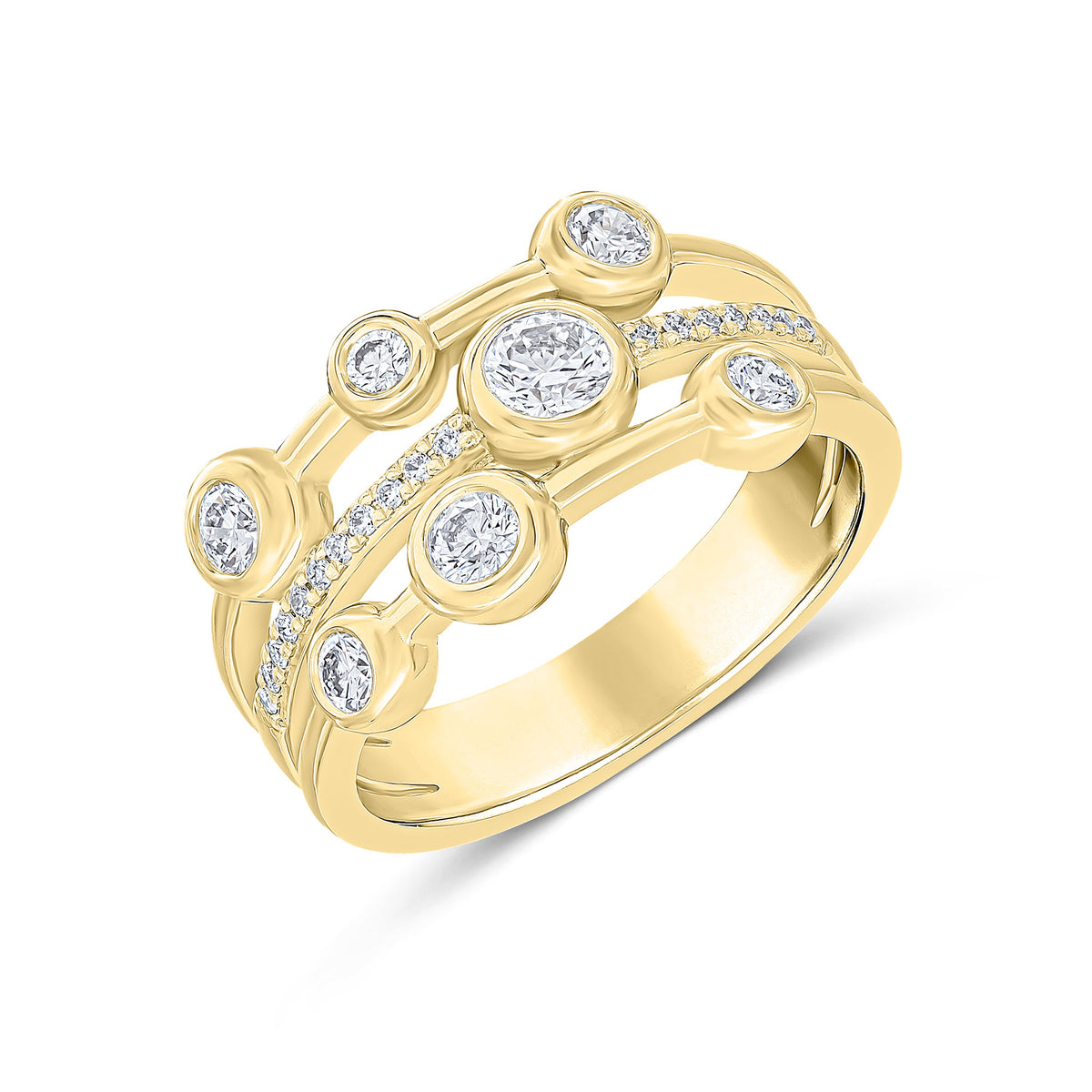 18CT YELLOW GOLD ROUND DIAMOND 3 ROW BUBBLE BAND RING WITH DIAMOND MIDDLE BAND