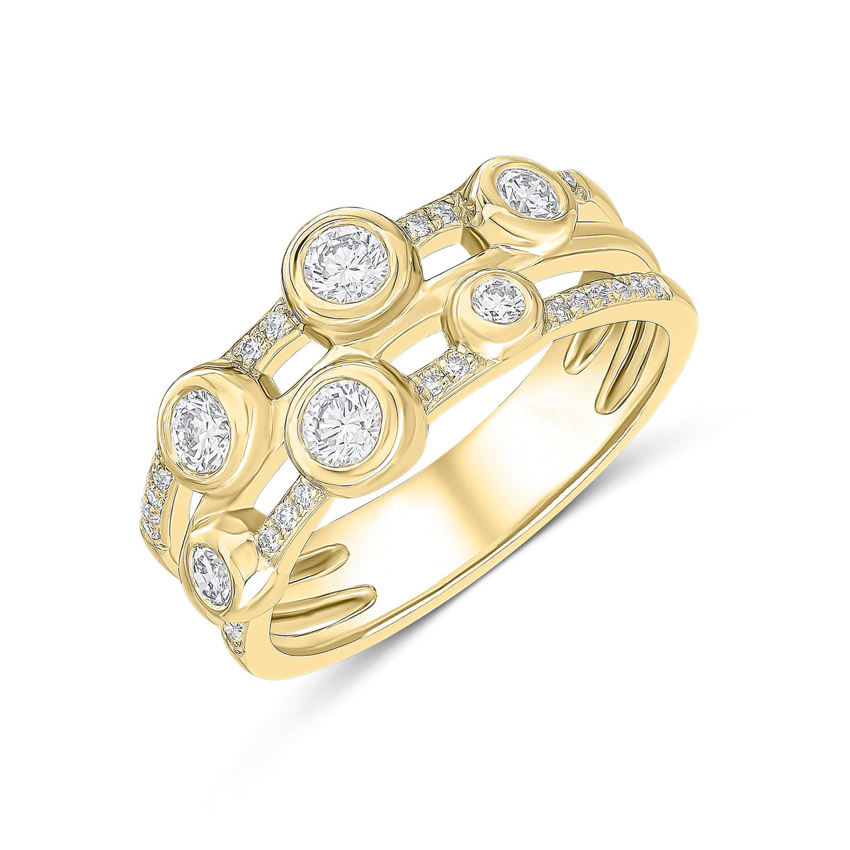 18CT YELLOW GOLD ROUND DIAMOND RUOBVER AND GRAIN SET 3 ROW BUBBLE RING