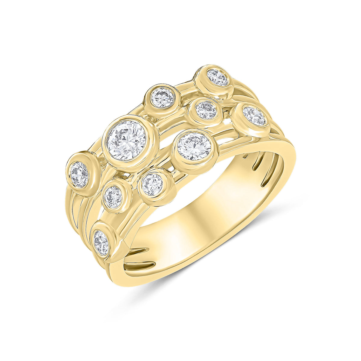 18CT YELLOW GOLD ROUND DIAMOND RUBOVER BUBBLE 4 ROW BAND RING