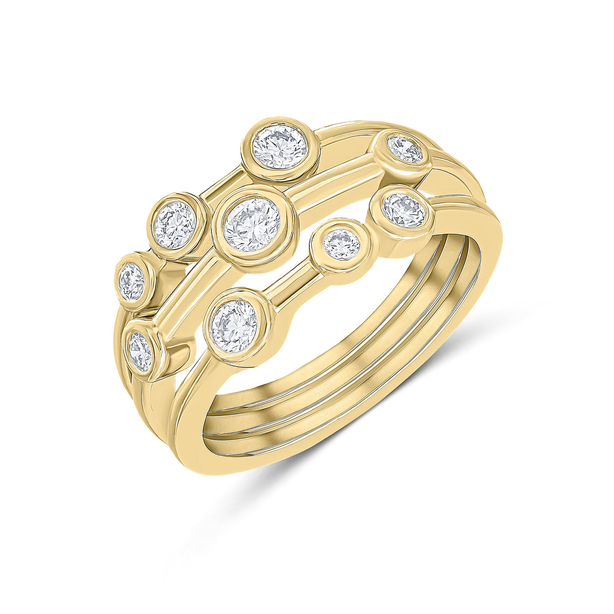 18CT YELLOW GOLD ROUND DIAMOND RUBOVER BUBBLE 3 ROW BAND RING 0.50CT