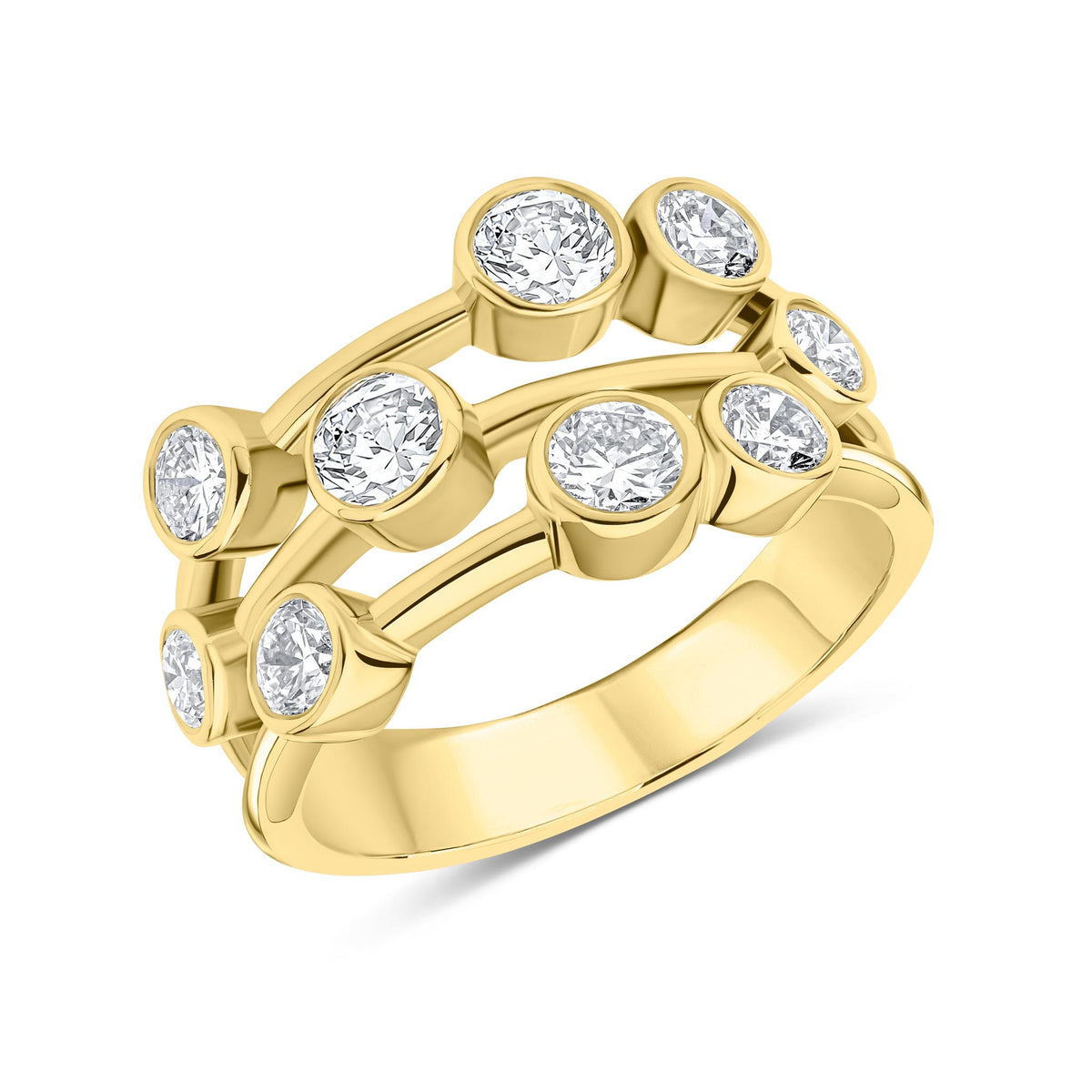 18CT YG ROUND DIAMOND 3 ROW BUBBLE RING. 2CT