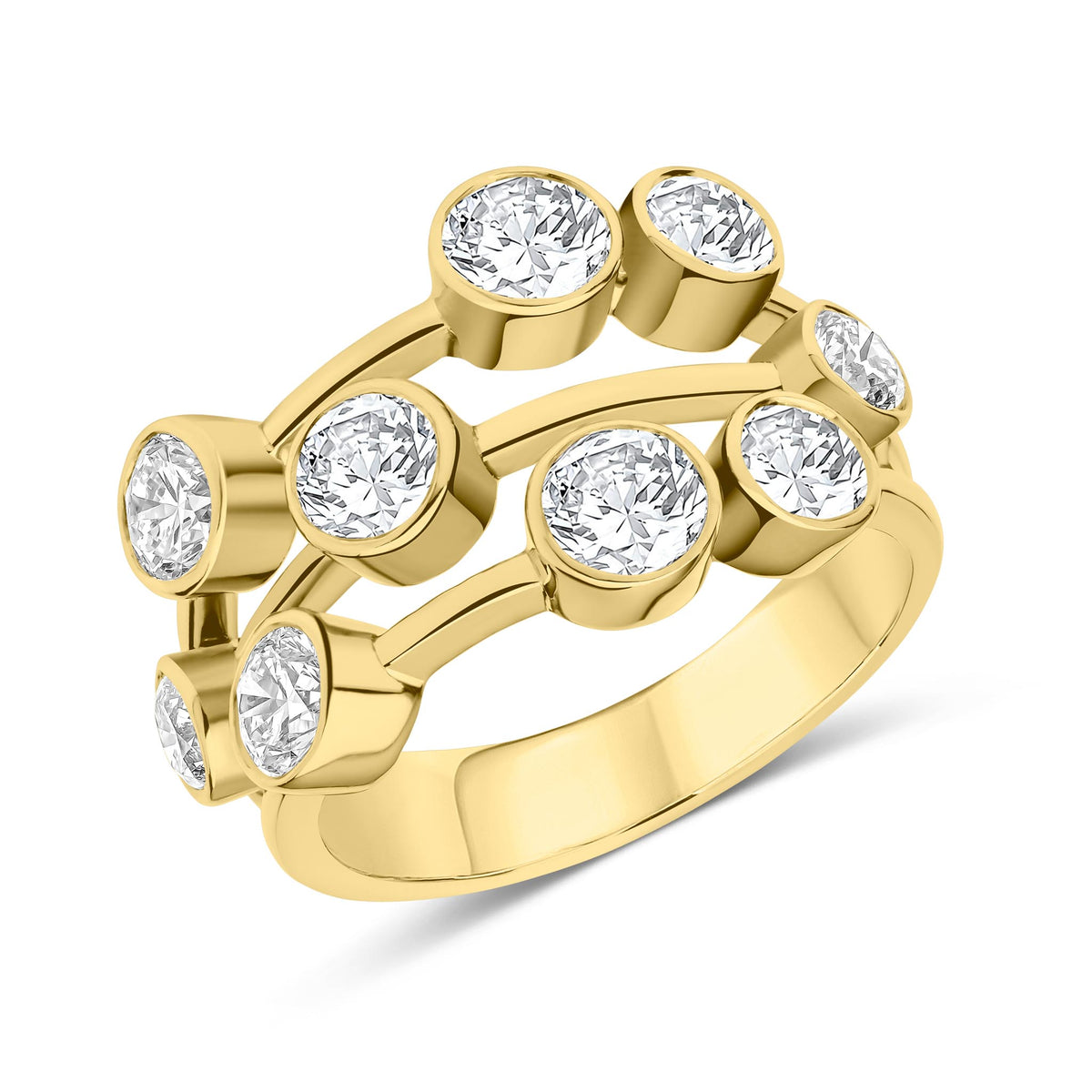 18CT YG ROUND DIAMOND 3 ROW BUBBLE RING. 3CT