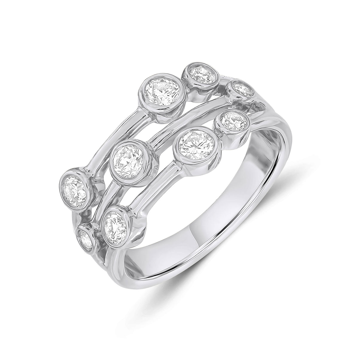 18CT WHITE GOLD DIAMOND 3 ROW BUBBLE RING. 0.75CT TOTAL