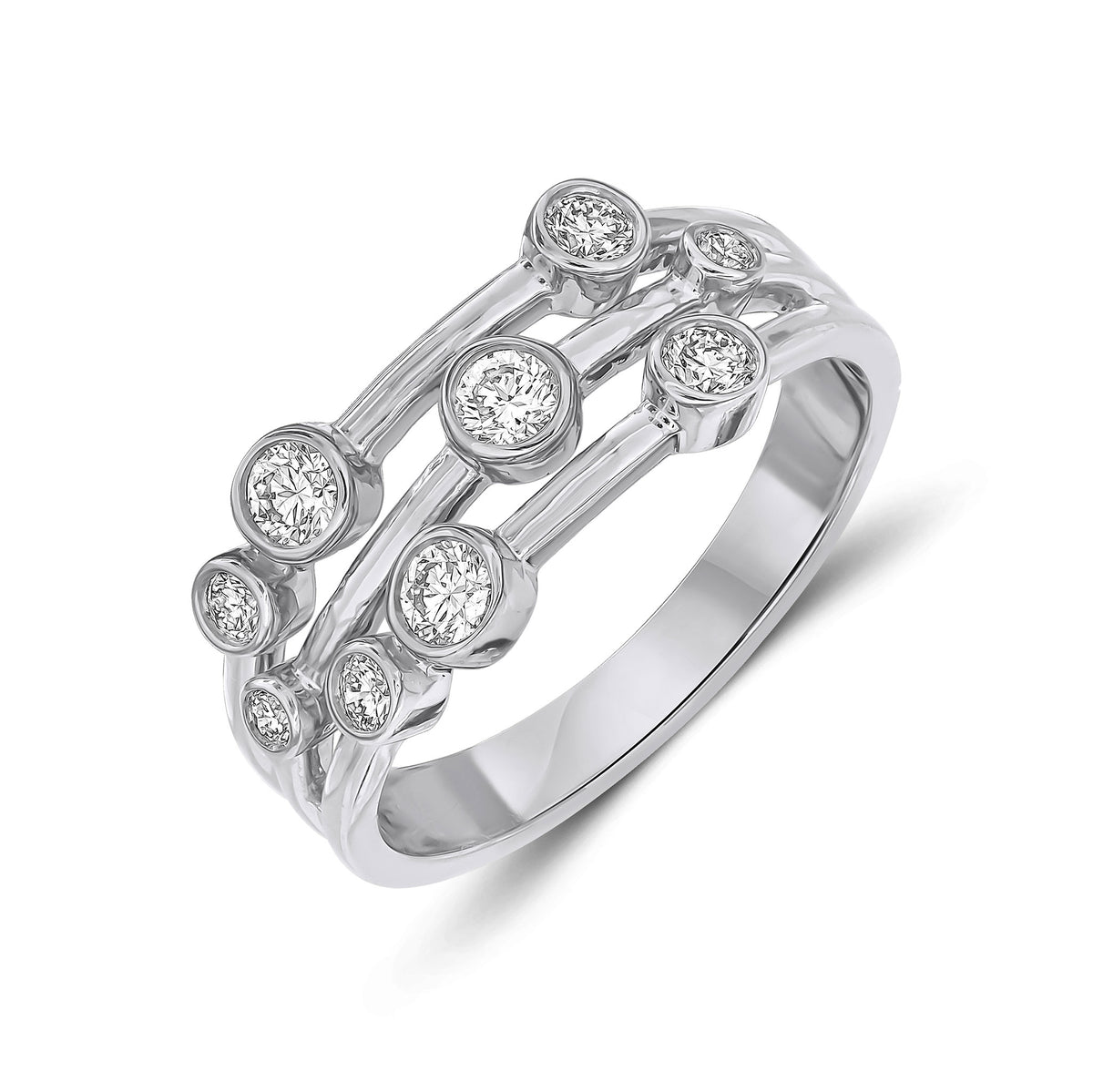18CT WHITE GOLD ROUND DIAMOND 3 ROW BUBBLE RING.   0.50CT TOTAL