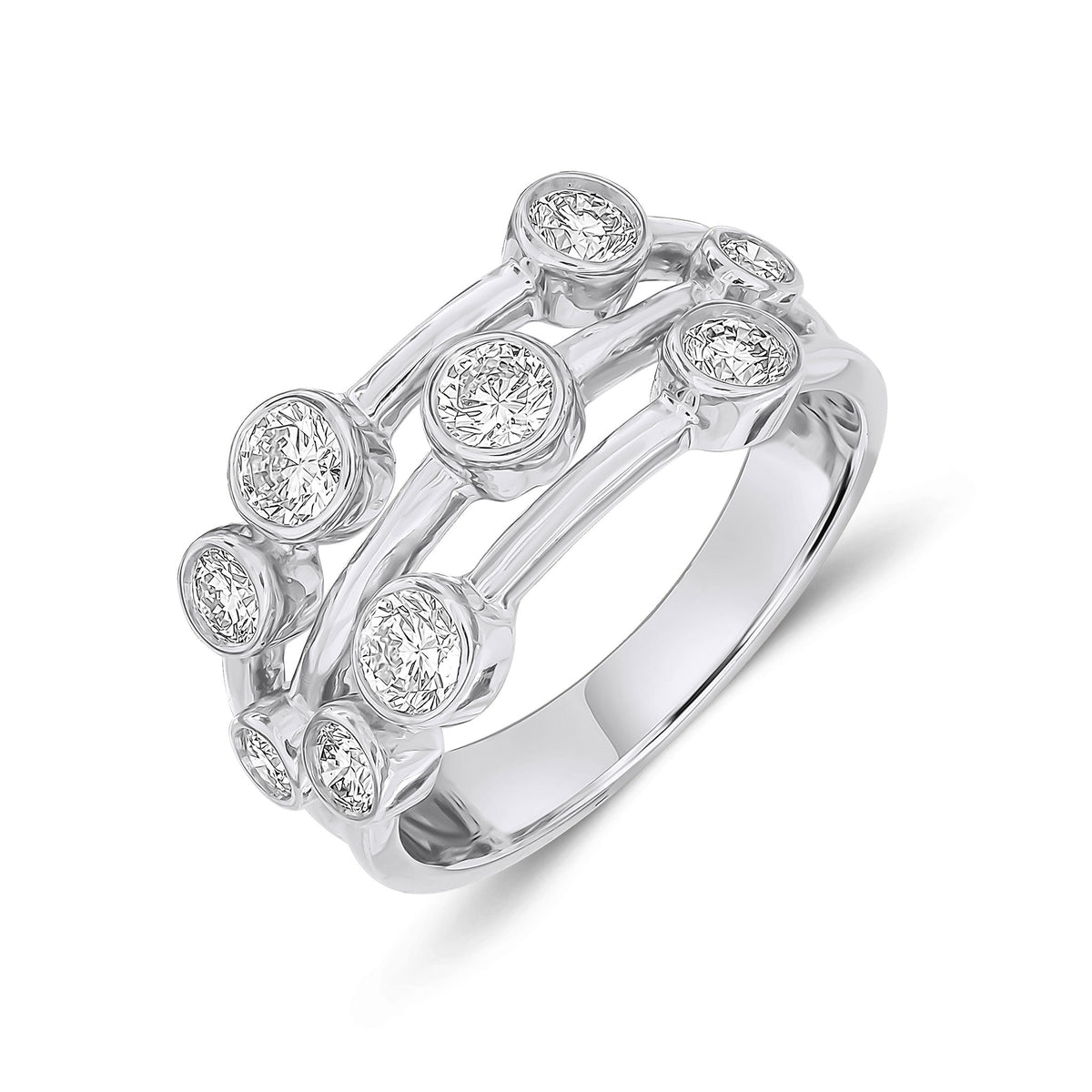 18CT WHITE GOLD ROUND DIAMOND 3 ROW BUBBLE RING. 1.00CT TOTAL