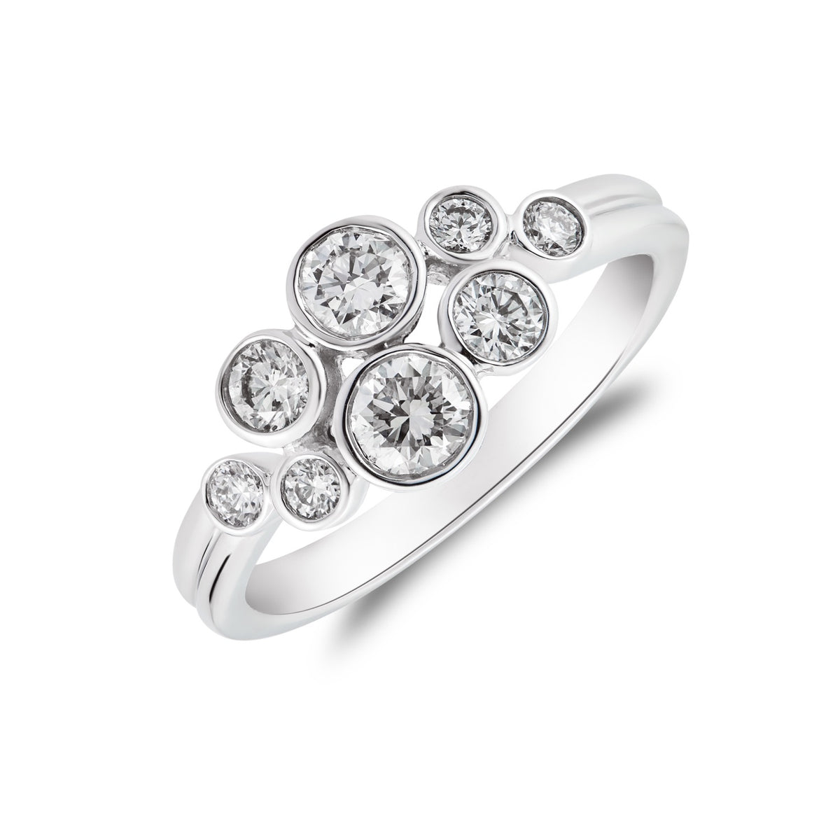 18CT WHITE GOLD DIAMOND BUBBLE RUBOVER CLUSTER RING