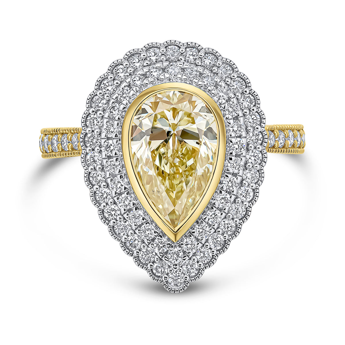 18YWG PEARSHAPE YELLOW DIAMOND & DIAMOND TWO ROW CLUSTER RING