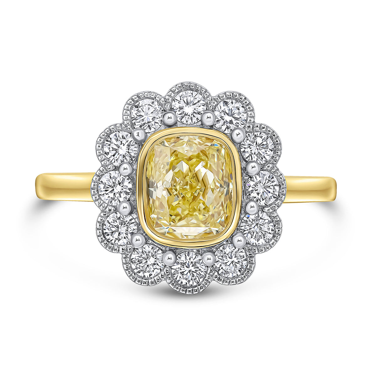 18YWG CUSHION YELLOW AND WHITE DIAMOND MILLEGRAIN CLUSTER RING