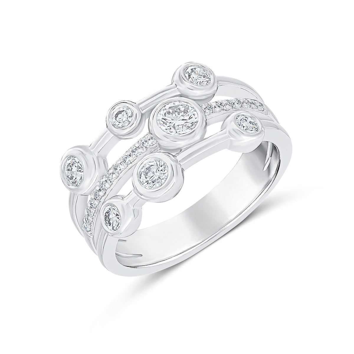 18CT WHITE GOLD ROUND DIAMOND 3 ROW BUBBLE BAND RING WITH DIAMOND MIDDLE BAND