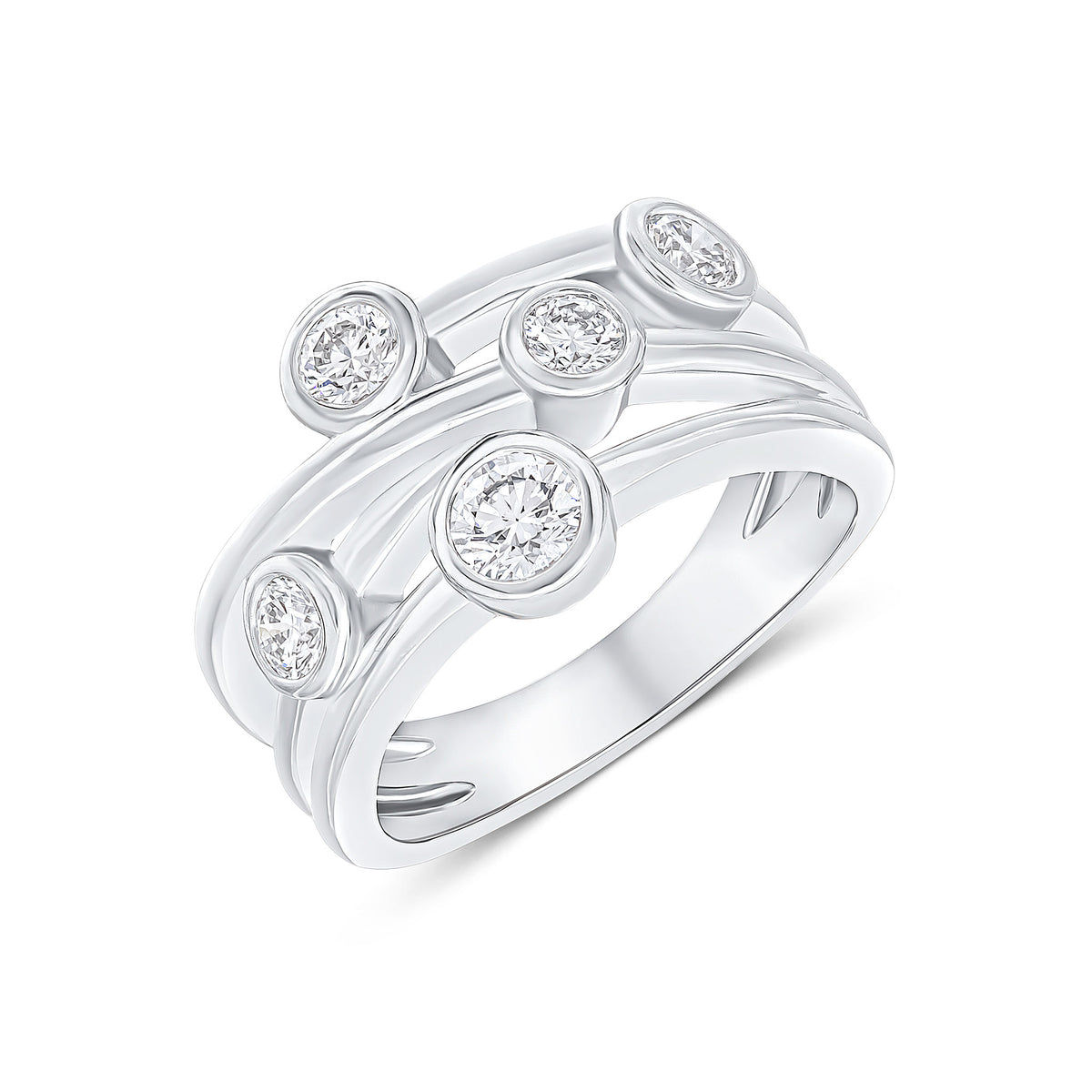 18CT WHITE GOLD ROUND DIAMOND CROSS-OVER BUBBLE BAND RING 0.75CT
