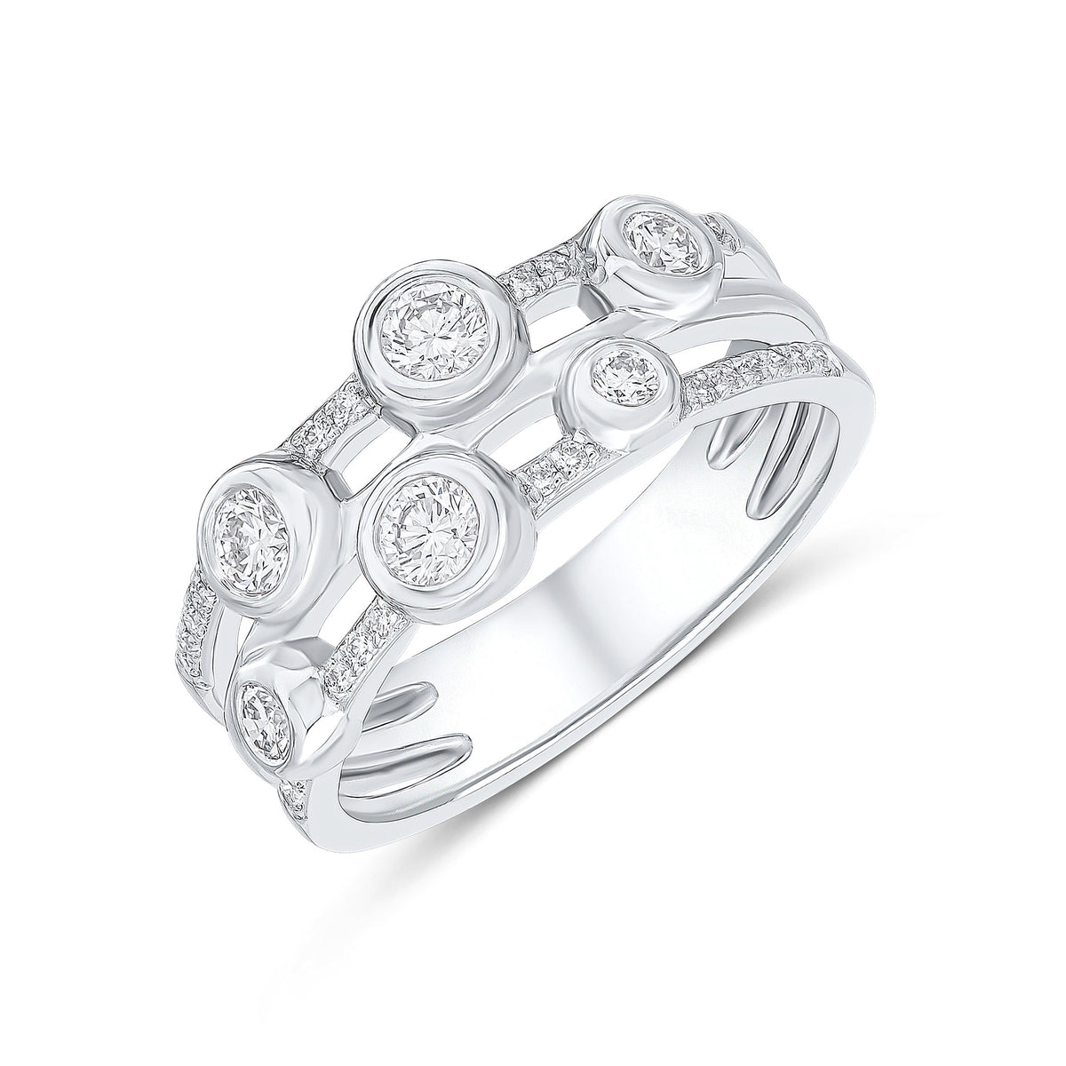 18CT WHITE GOLD ROUND DIAMOND RUOBVER AND GRAIN SET 3 ROW BUBBLE RING